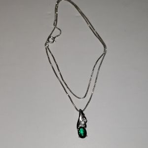 Silver chain & silver diamond and emerald pendant